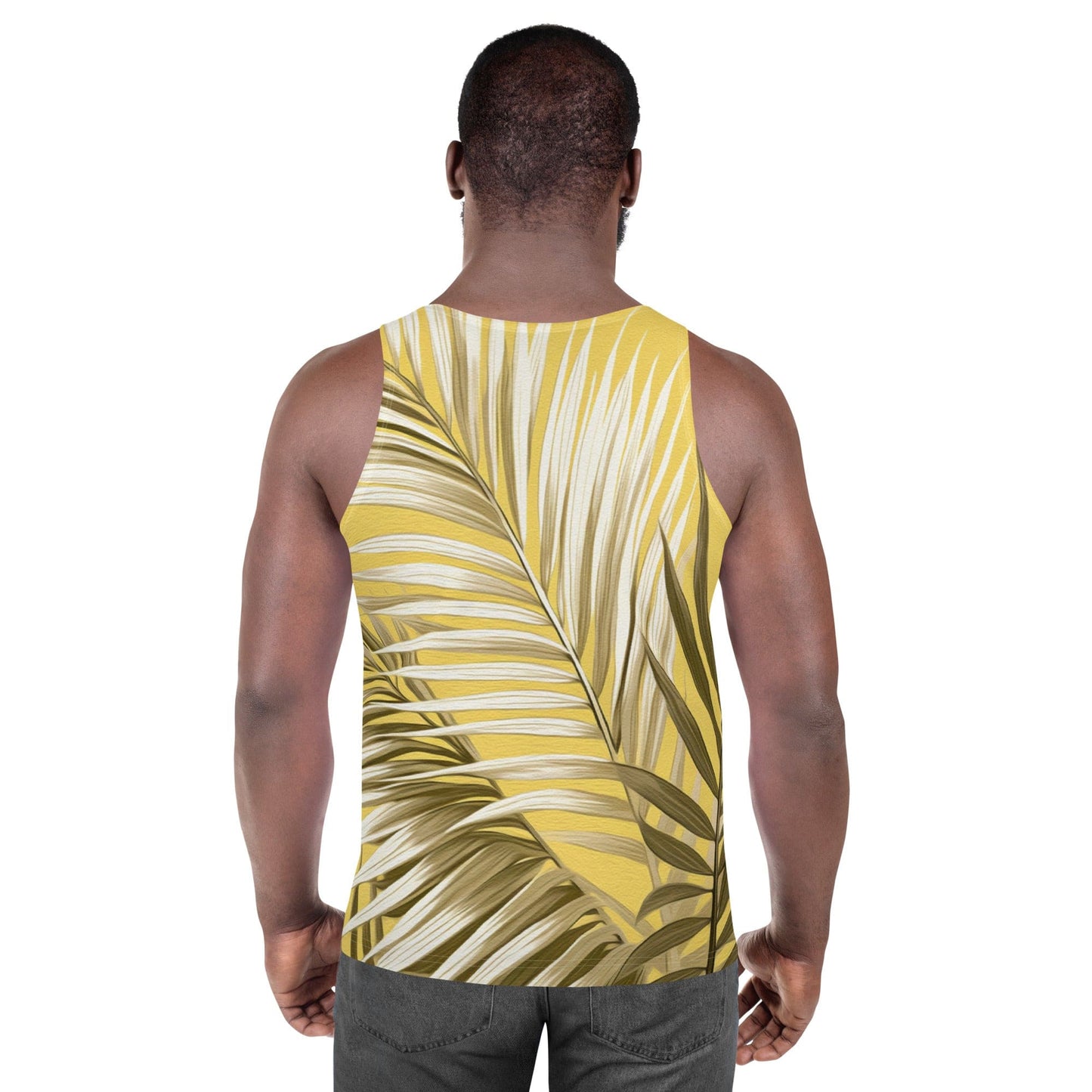 Mens Stretch Fit Tank Top - White Brown Palm Leaves-3