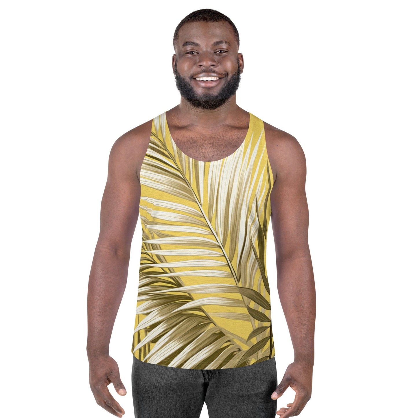 Mens Stretch Fit Tank Top - White Brown Palm Leaves-0