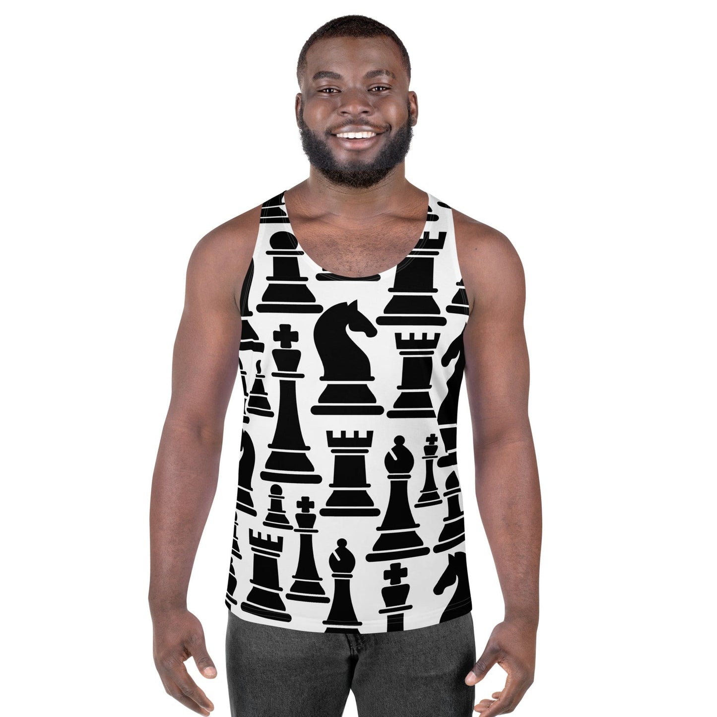 Mens Stretch Fit Tank Top - Black and White Chess Print-0