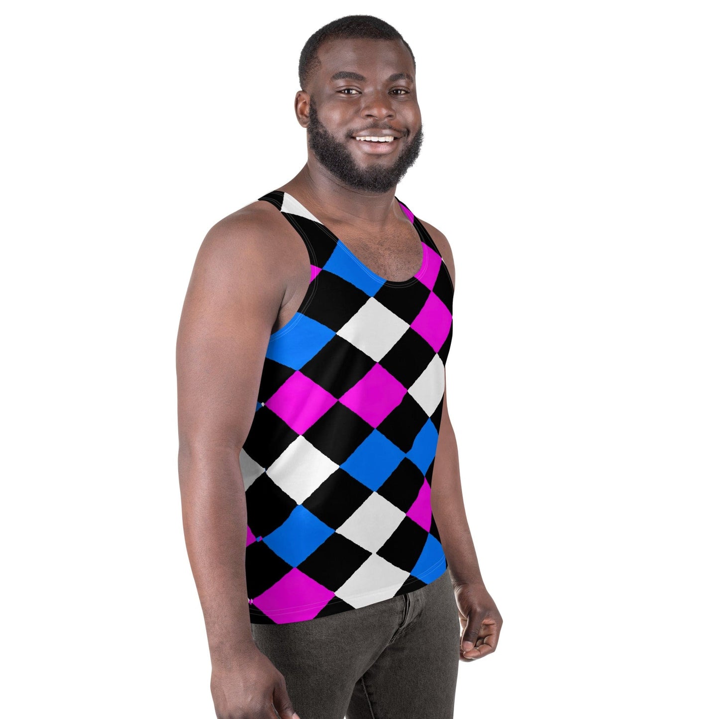 Mens Stretch Fit Tank Top - Pink Blue Checkered Pattern-2