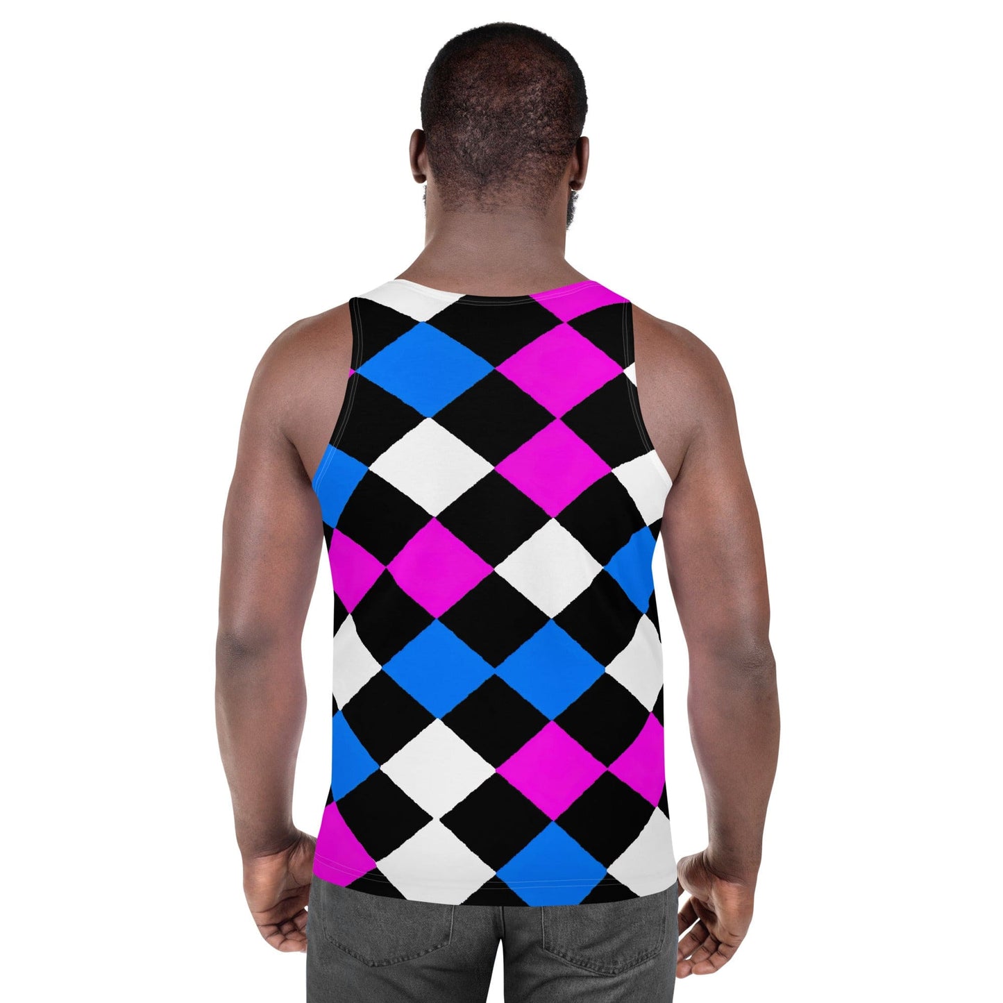Mens Stretch Fit Tank Top - Pink Blue Checkered Pattern-3