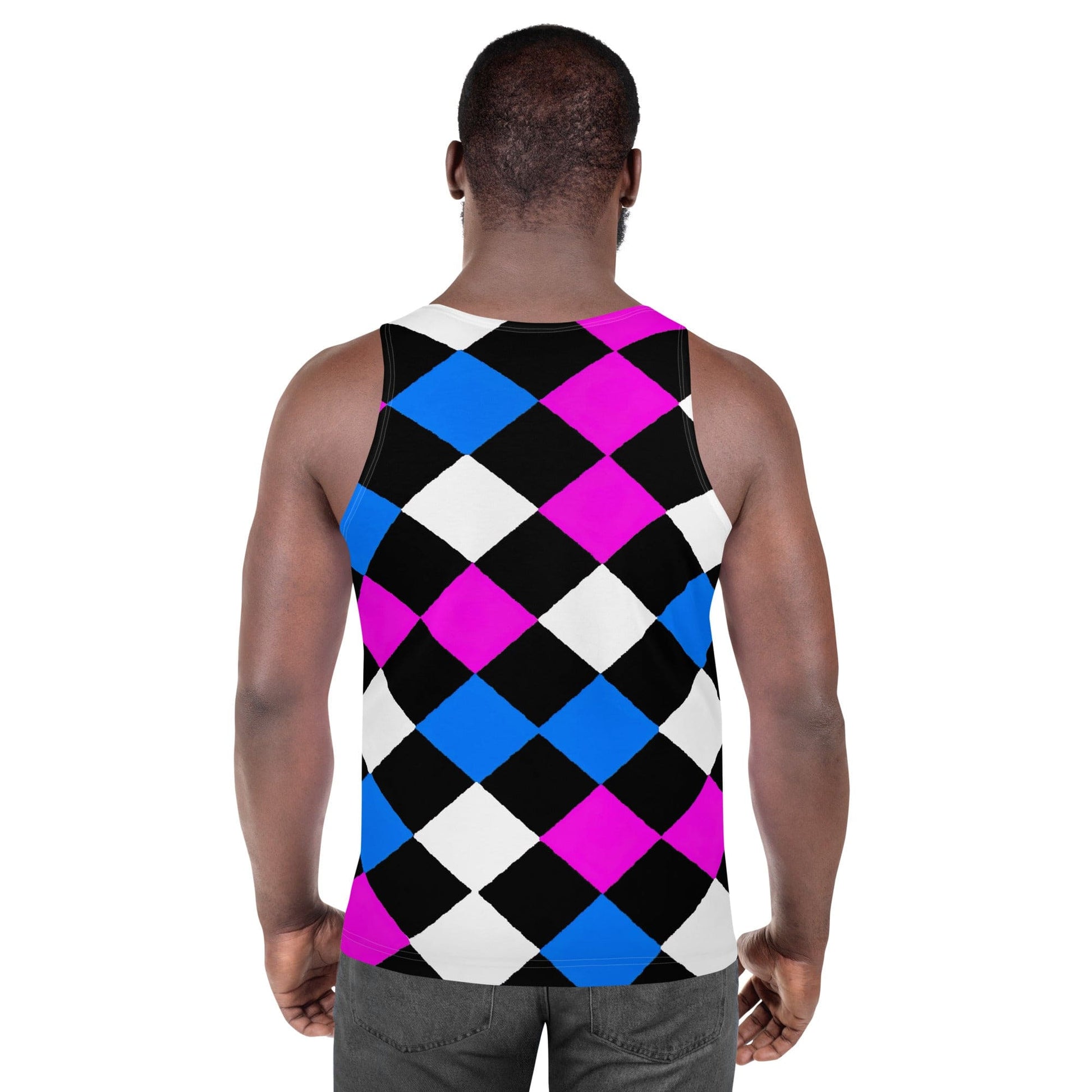 Mens Stretch Fit Tank Top - Pink Blue Checkered Pattern-3