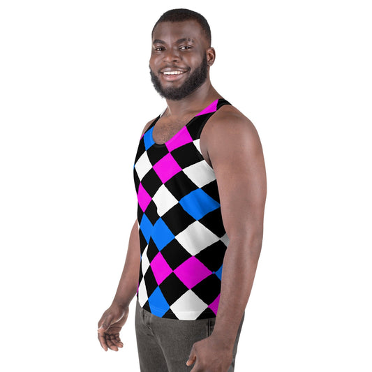 Mens Stretch Fit Tank Top - Pink Blue Checkered Pattern-1