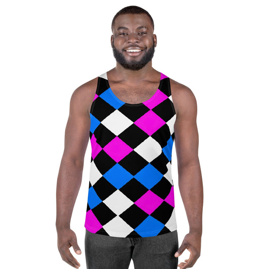 Mens Stretch Fit Tank Top - Pink Blue Checkered Pattern-0