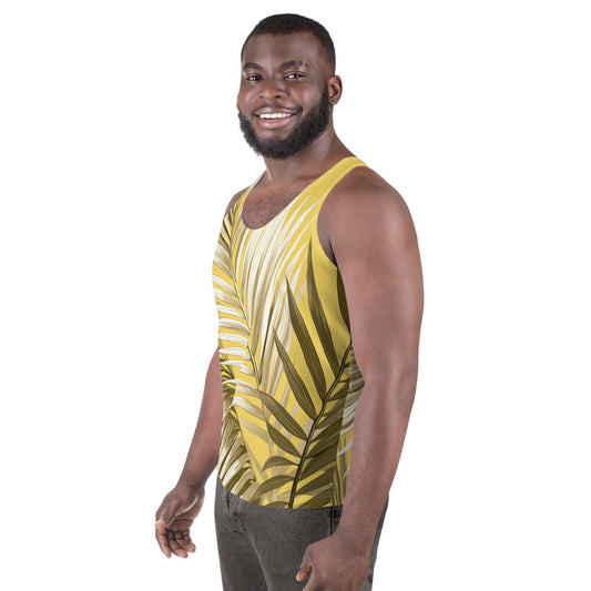 Mens Stretch Fit Tank Top - White Brown Palm Leaves-1