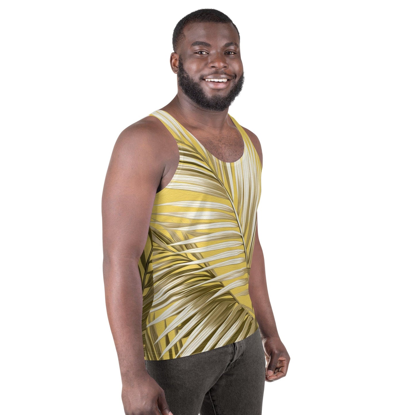 Mens Stretch Fit Tank Top - White Brown Palm Leaves-2
