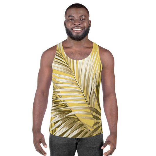 Mens Stretch Fit Tank Top - White Brown Palm Leaves-0