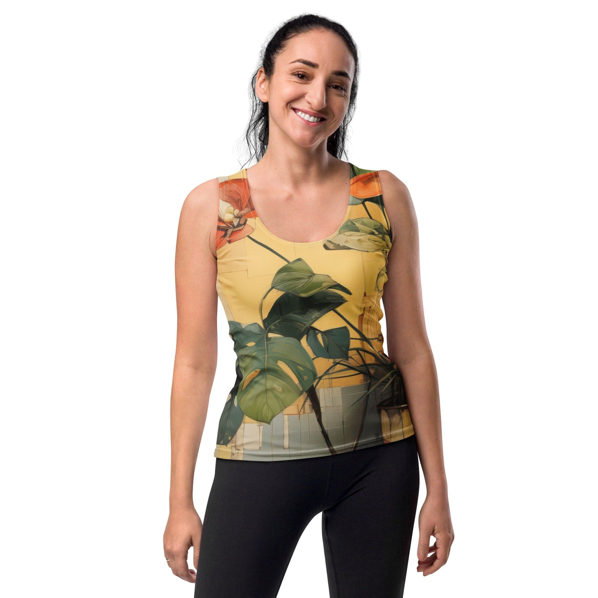 Womens Stretch Fit Tank Top - Earthy Rustic Potted Plants Print-0