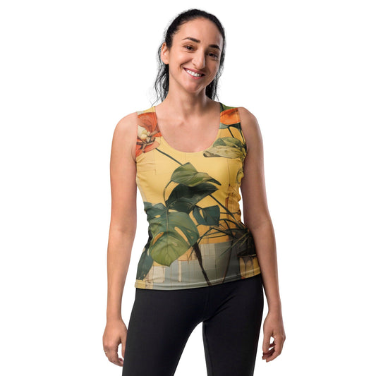 Womens Stretch Fit Tank Top - Earthy Rustic Potted Plants Print-0