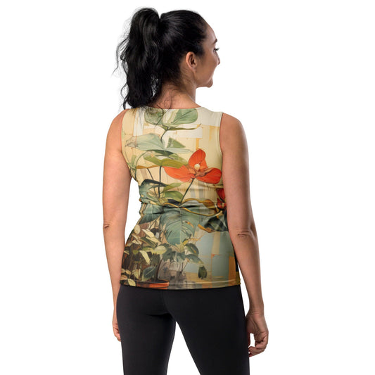 Womens Stretch Fit Tank Top - Earthy Rustic Potted Plants Print-1
