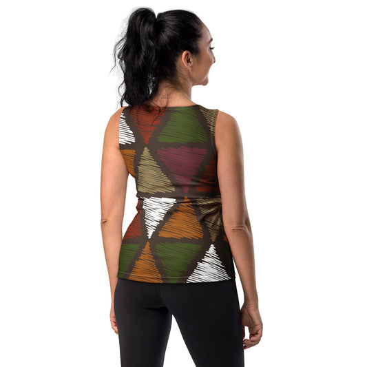 Womens Stretch Fit Tank Top - Red Green Geometric Lines-1