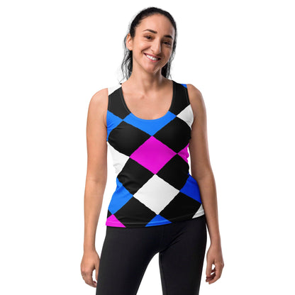 Womens Stretch Fit Tank Top - Pink Blue Checkered Pattern-0