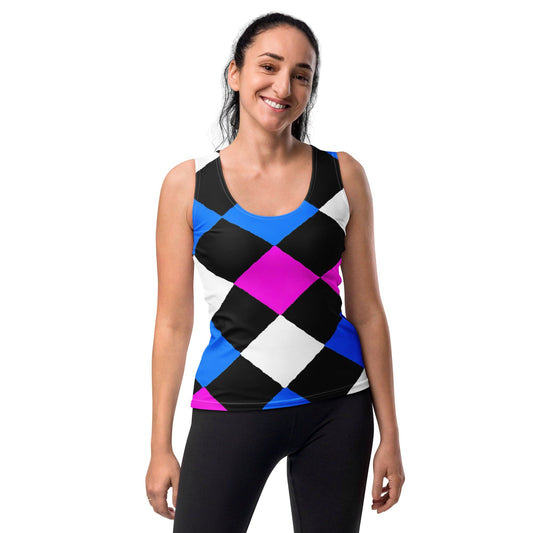 Womens Stretch Fit Tank Top - Pink Blue Checkered Pattern-0
