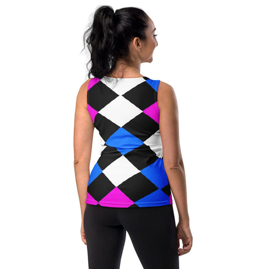 Womens Stretch Fit Tank Top - Pink Blue Checkered Pattern-1
